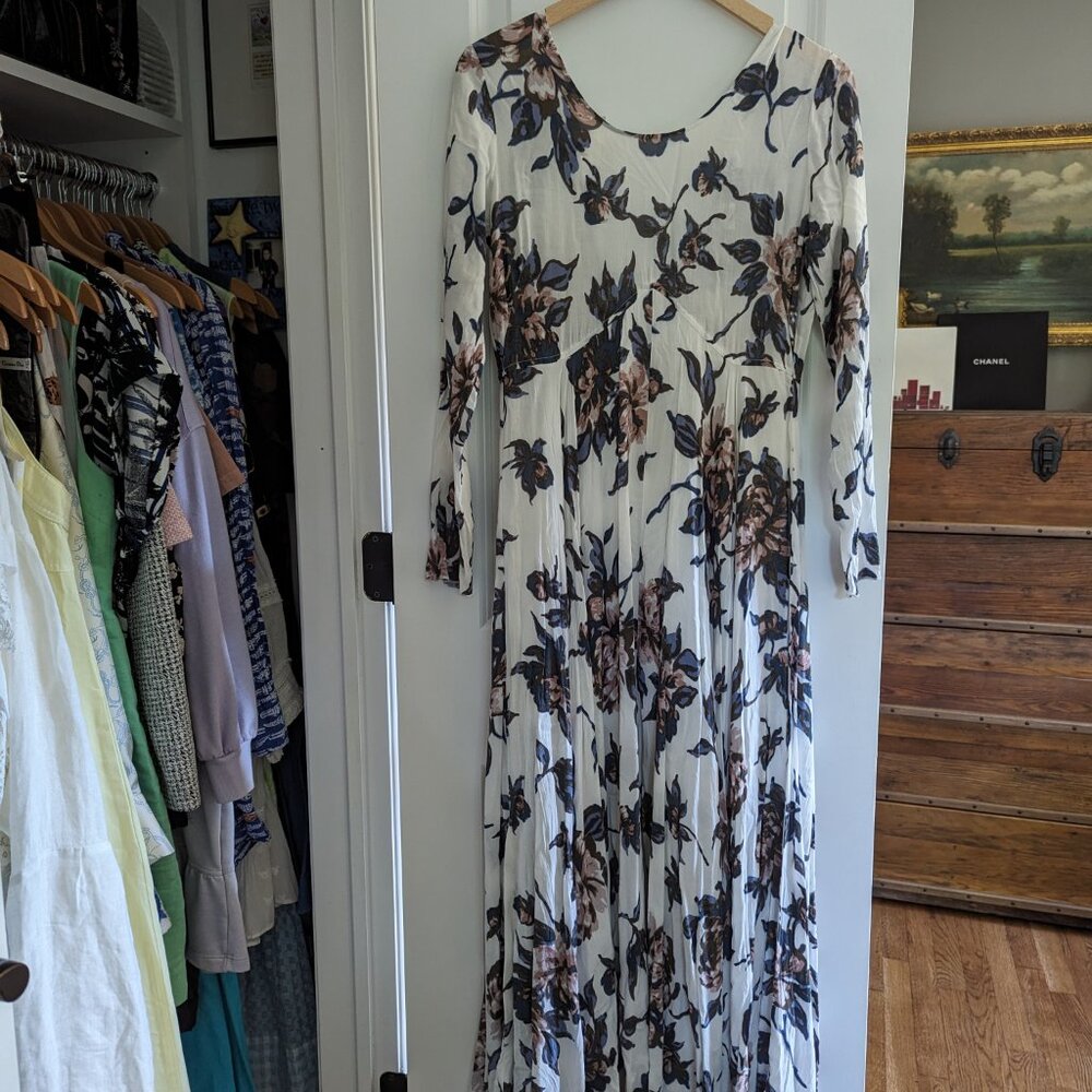 Free People Long Sleeve Floral Maxi Dress Size Small Boho Open Button Back